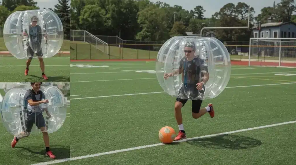Demonstratie van bubble voetbaluitrusting en basistechnieken met veilige, professionele uitrusting.