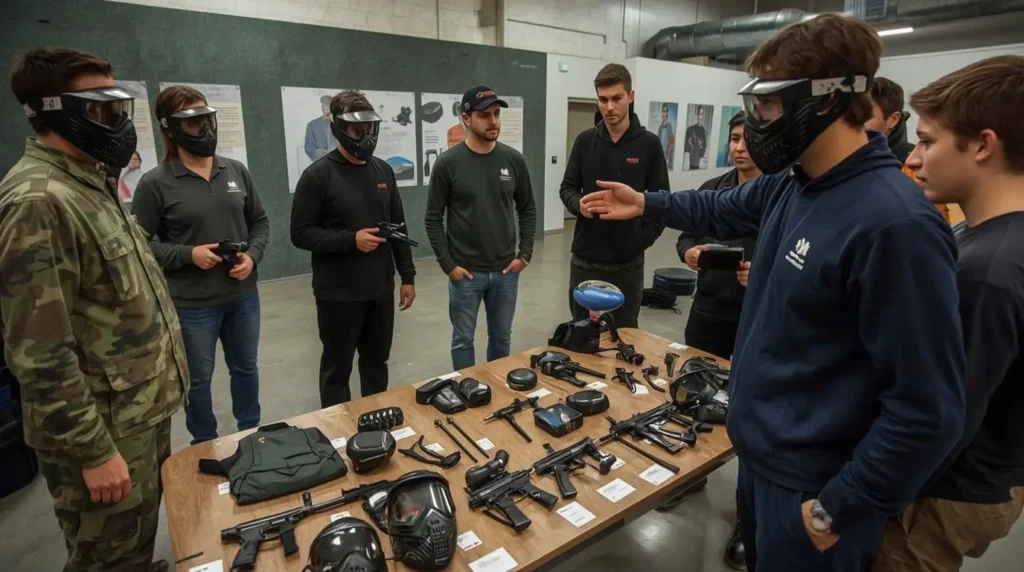 Paintballtraining voor beginners met instructeur die veiligheidsuitrusting en basistechnieken laat zien.