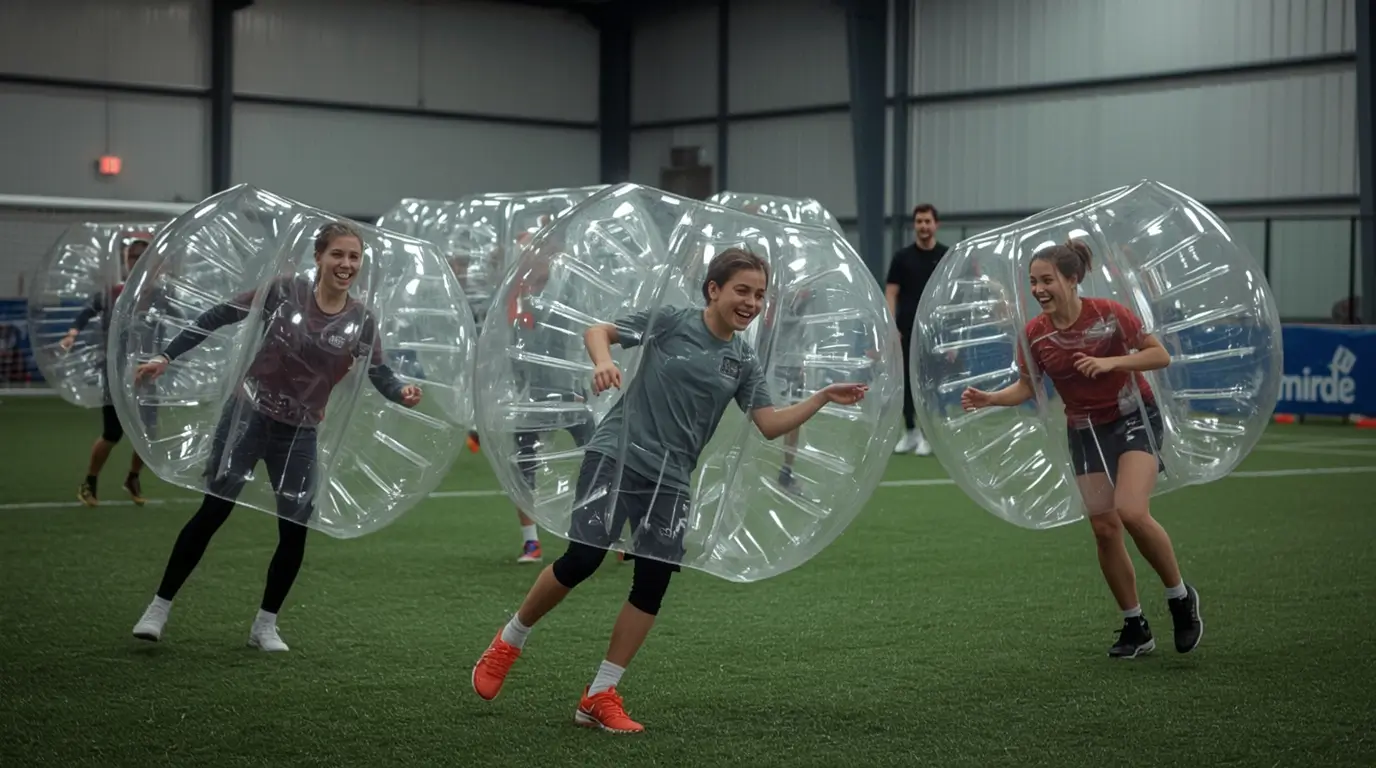 Group of people discovering bubble football with professional equipment in Belgium