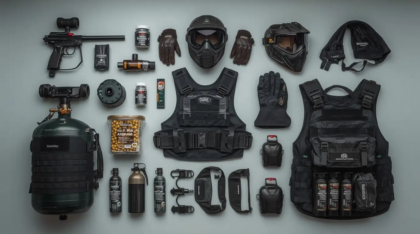 Complete collection of professional paintball accessories and equipment, including launchers, masks and protection.