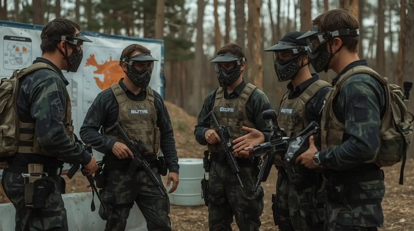 Tactical communication and paintball team coordination with strategic preparation and professional equipment.