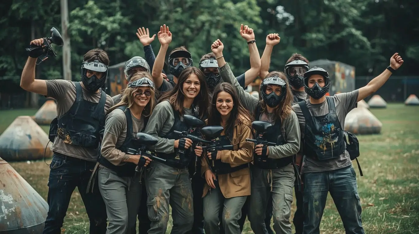 Team dat paintball-overwinning viert na een teambuildingssessie met versterkte cohesie en collectieve adrenaline.