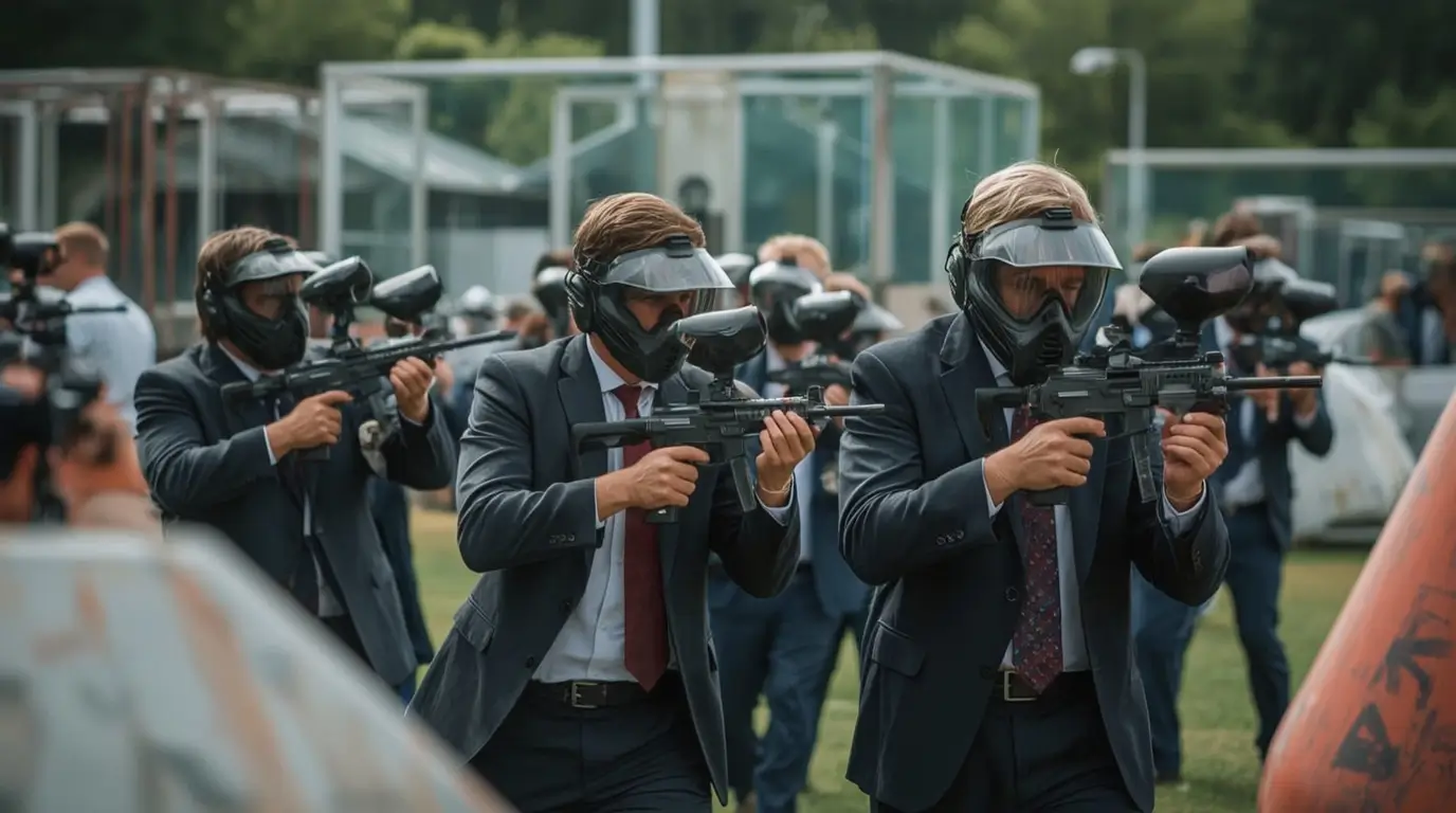 Bedrijfsteam in actie tijdens een professioneel paintball seminar met business coaching