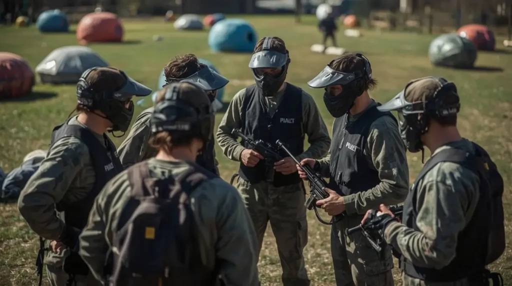 Teamplanning gezamenlijke strategie tijdens paintballsessie met tactische coördinatie en effectieve communicatie.