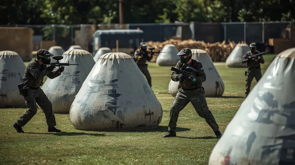 Professioneel team dat geavanceerde paintballtactieken demonstreert met gecoördineerde veldstrategie.