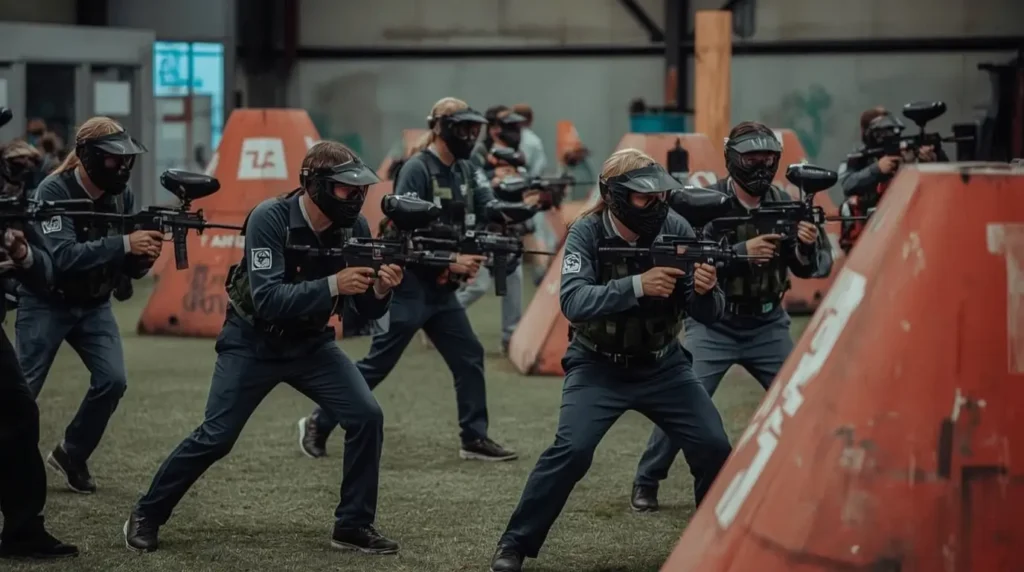 Een professioneel team in actie tijdens een paintball-teambuildingssessie, met strategische coördinatie en effectieve communicatie.