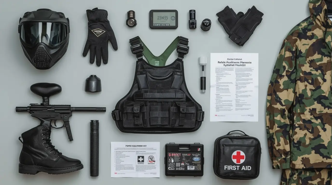 Certified paintball protective equipment complete with mask, chest protector and gloves for maximum safety in Belgium.