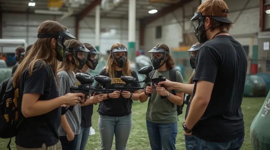 Studenten die deelnemen aan een educatieve paintballactiviteit onder professionele educatieve begeleiding
