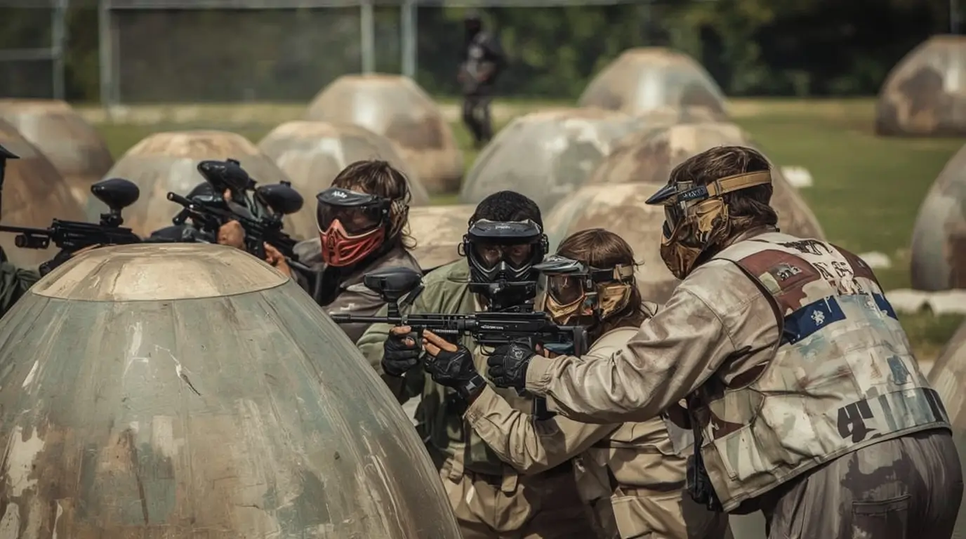 Tactical paintball training with coordinated communication and professional strategic positioning.