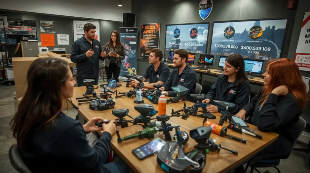Groep deelnemers die profiteren van paintballpakketten met speciale tarieven in België