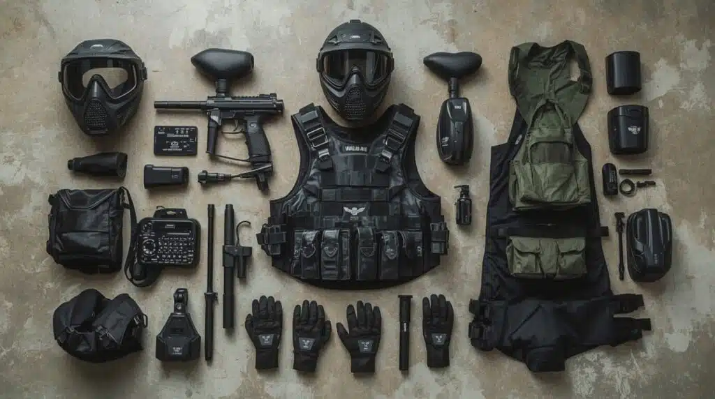 Guide to complete selection equipment: paintball masks, launchers, protection, outfits, accessories, and materials.