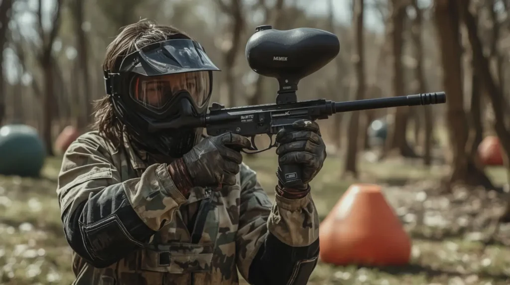 Paintballspeler uitgerust met volledige beschermende kleding en professionele veiligheidsuitrusting.