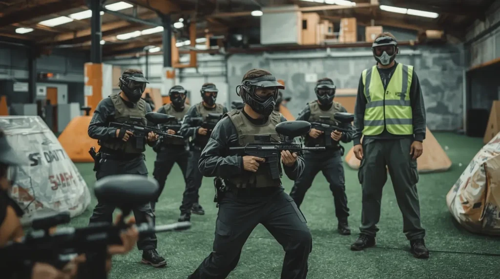 Paintballspelers uitgerust met volledige beschermende uitrusting op een beveiligd veld met professionele begeleiding.