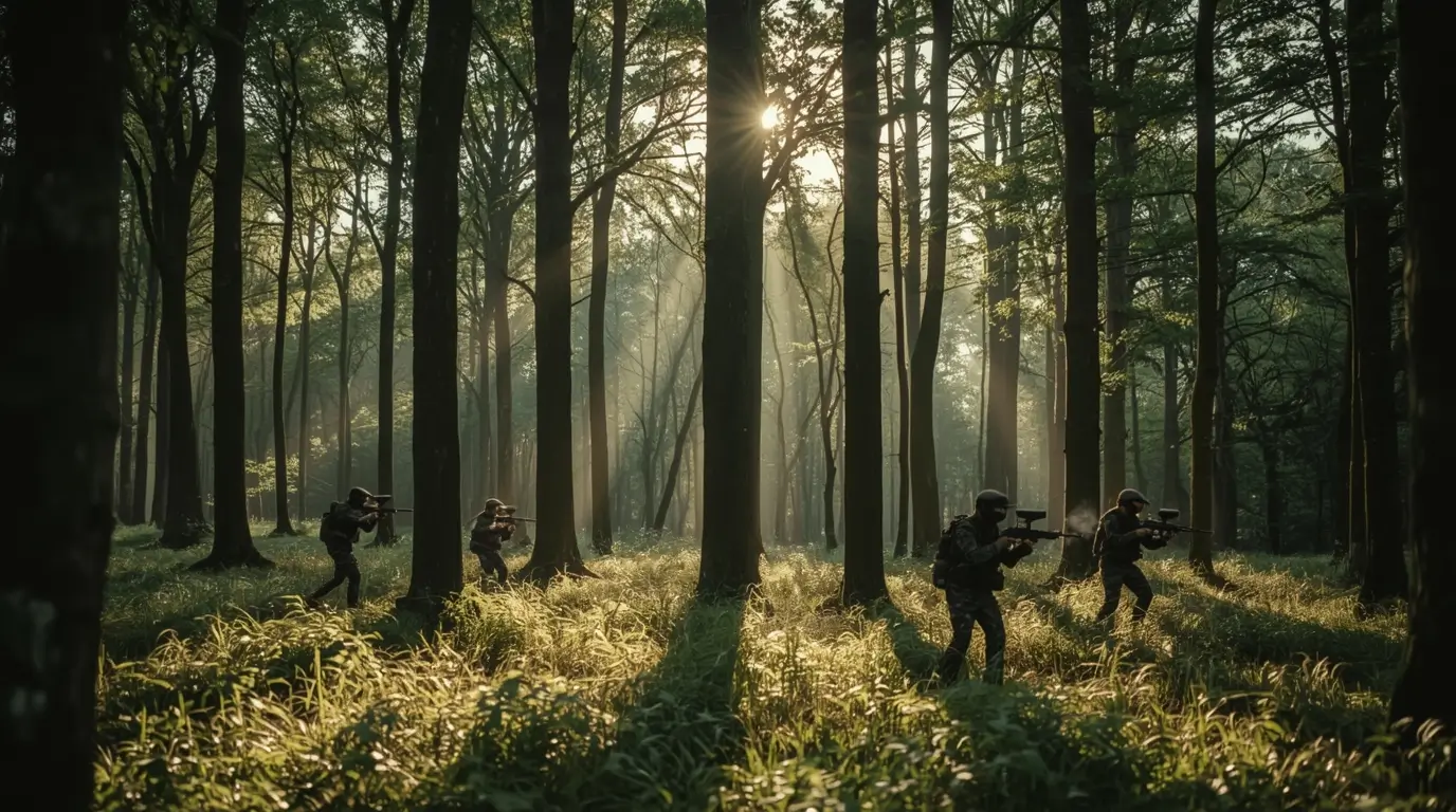 Paintball players in a magnificent Belgian forest with exceptional natural landscapes and dense vegetation
