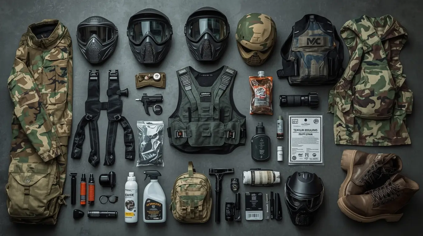 Een compleet assortiment essentiële uitrusting en accessoires voor veilig paintballen