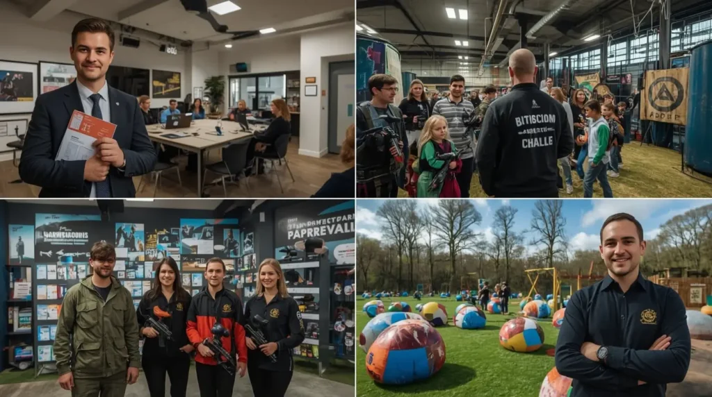 Representants des differents types de structures paintball en Belgique avec equipements et installations specialisees