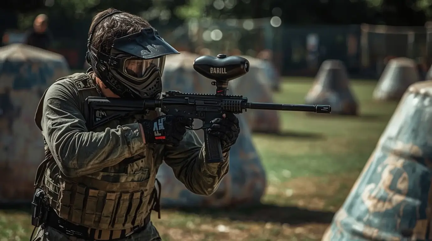 Expert shooter demonstrating precision paintball aiming techniques with professional equipment and optimal tactical positioning.