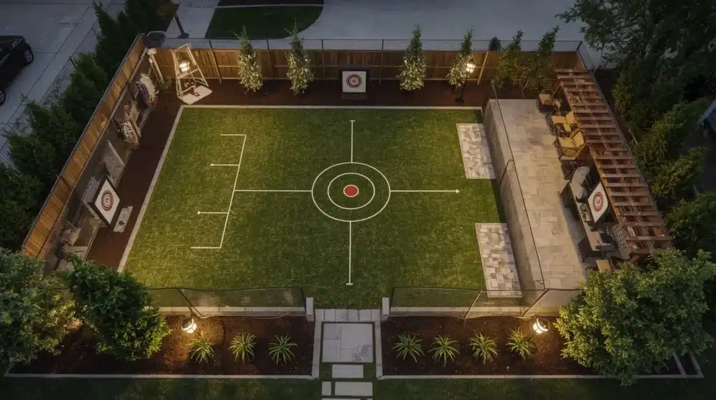 Aménagement complet de l'espace de lancer de haches dans le jardin avec zones sécurisées, cible professionnelle et équipement adapté.