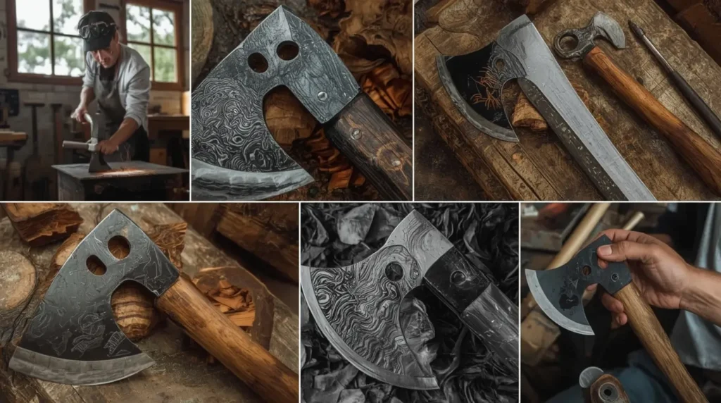 Artisanat traditionnel et matériaux nobles pour fabrication de haches de lancer exceptionnelles dans atelier forge.