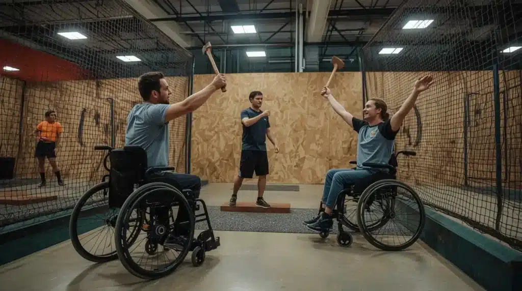Athlètes handisport pratiquant le lancer de haches dans un environnement adapté et inclusif avec matériel spécialisé.