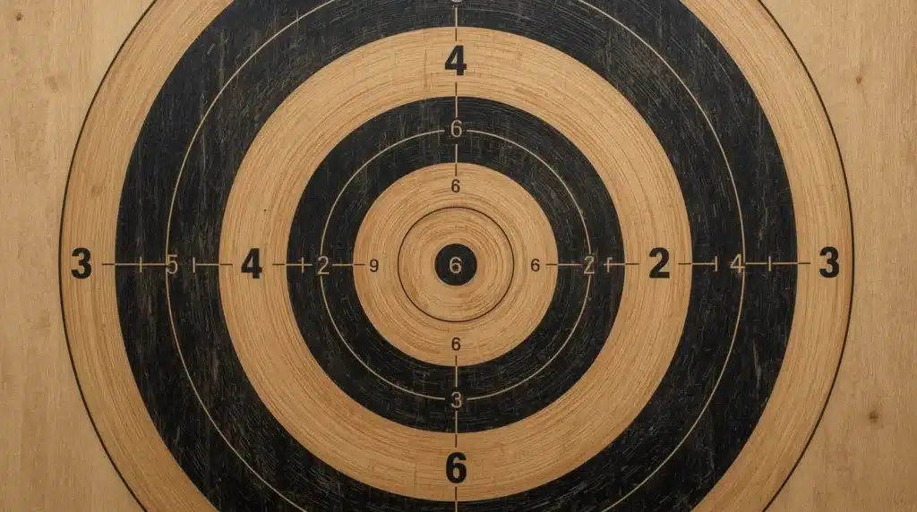 Cible officielle de lancer de haches avec système de points et zones détaillées selon standards WATL.