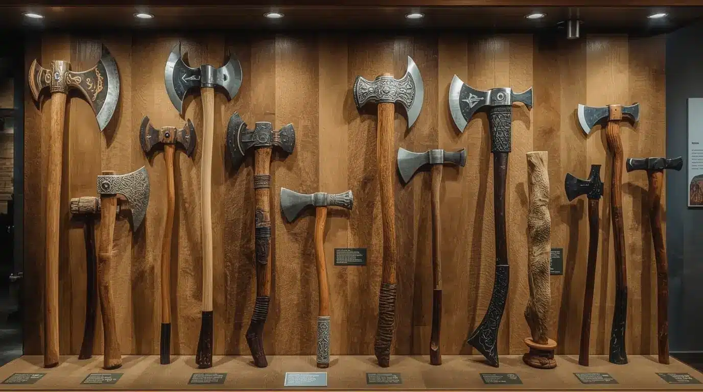 Collection diversifiée de haches de lancer traditionnelles du monde entier exposées dans un musée spécialisé.