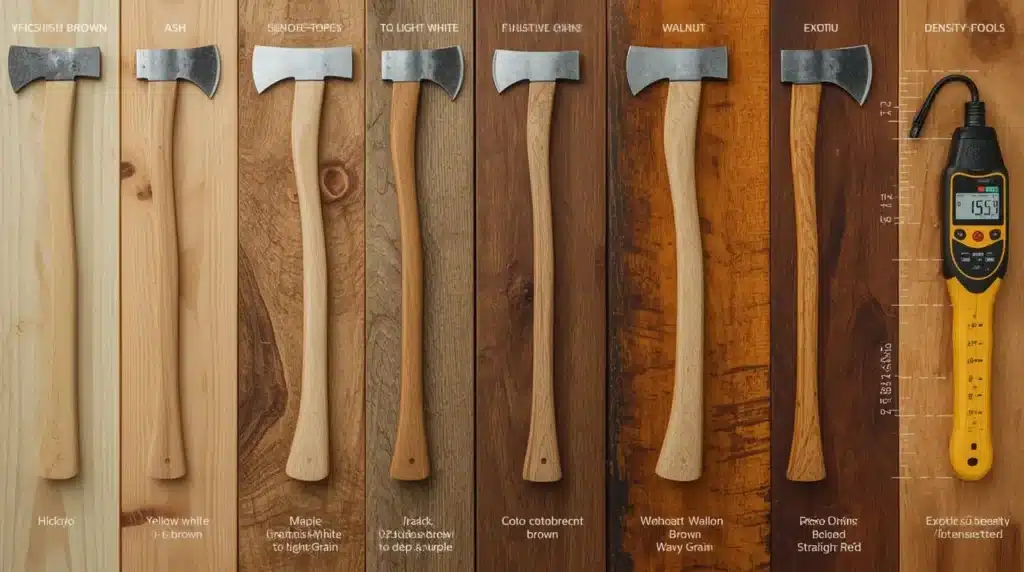 Comparaison visuelle des différents types de bois pour manches de hache avec propriétés et caractéristiques techniques