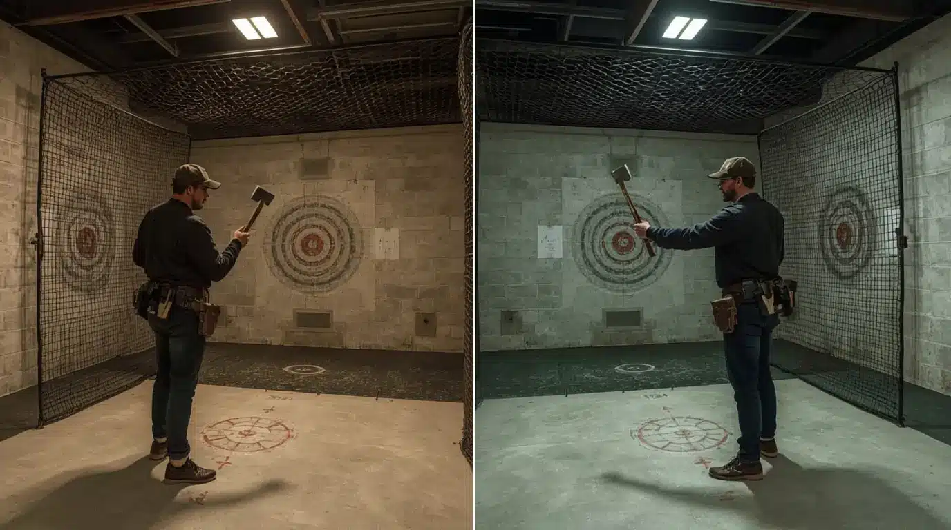 Demonstration of common mistakes to avoid when throwing axes, with professional technical corrections.