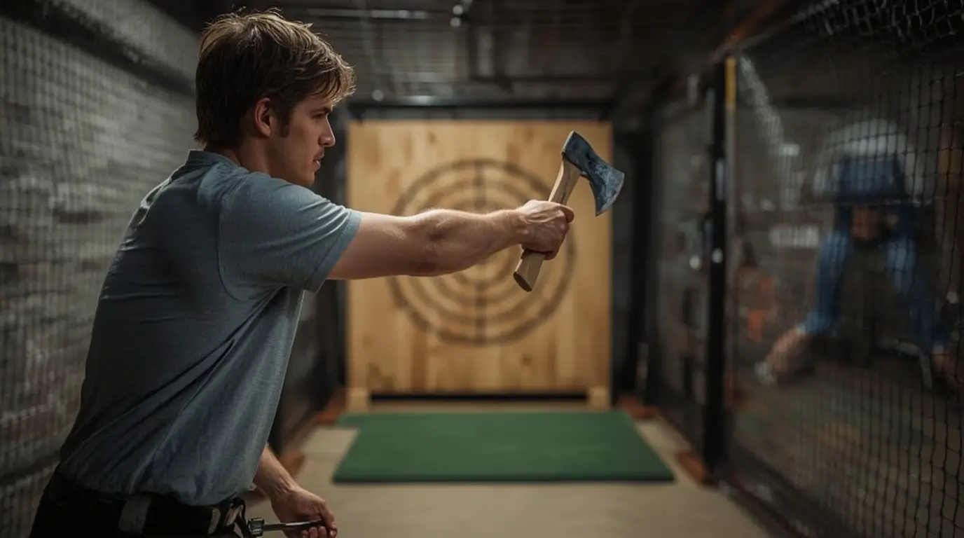 Professional demonstration of axe-throwing techniques with perfect posture and maximum precision.