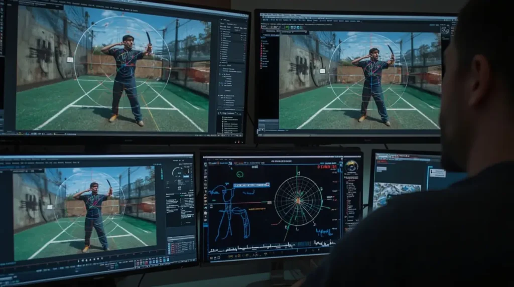 Écrans d'analyse technique montrant la correction vidéo détaillée avec mesures et annotations pour le lancer de haches.