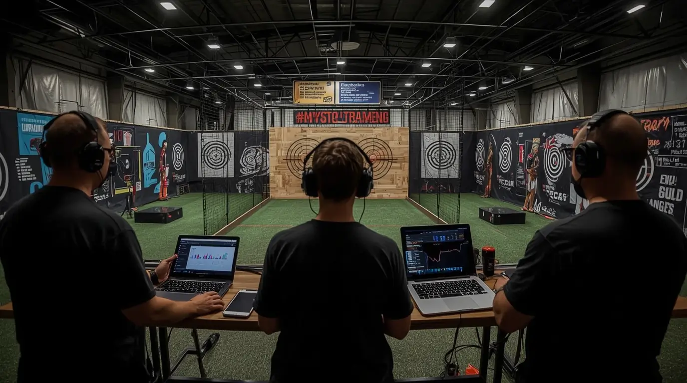 Entrainement intensif, préparation à la compétition de haut niveau de lancer de haches avec technologies avancées.
