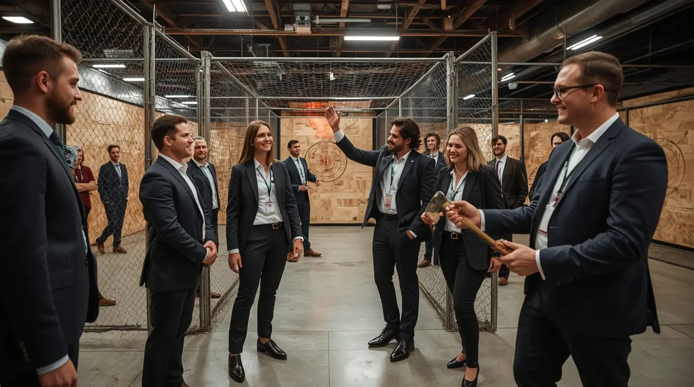 Équipe d'entreprise pratiquant le team building avec lancer de haches dans un environnement professionnel sécurisé.