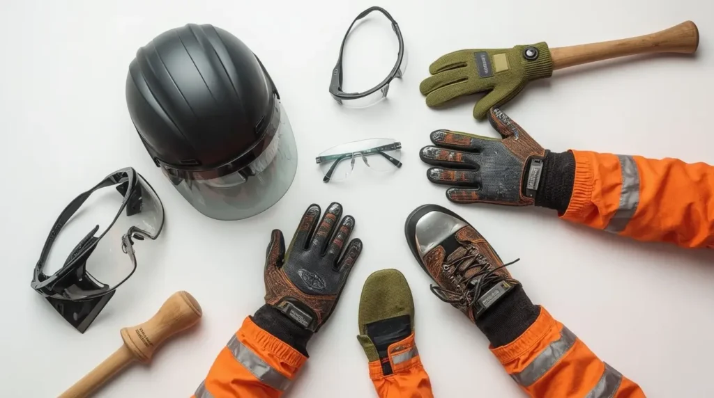Équipement de sécurité complet pour lancer de haches avec casque, gants, chaussures et protection corporelle.