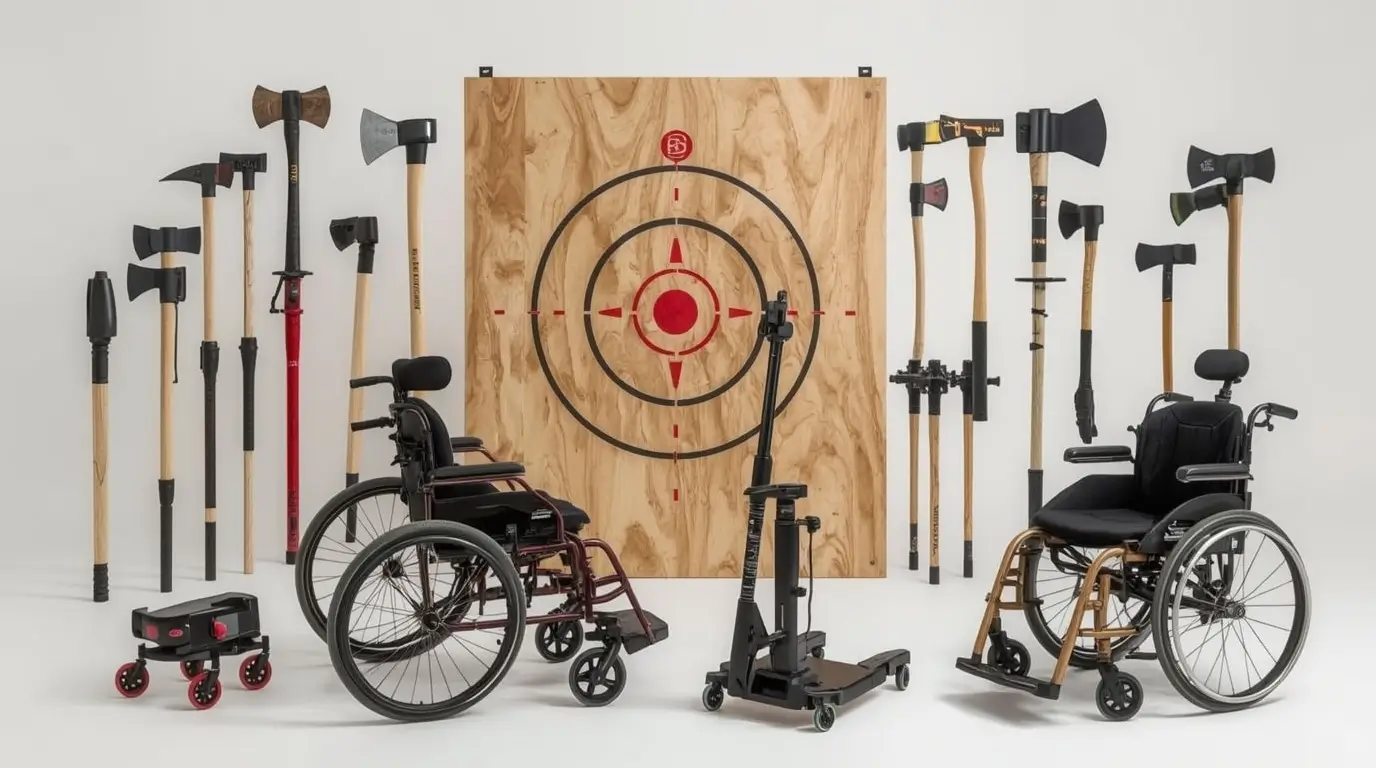 Équipement spécialisé et adaptations techniques pour la pratique du lancer de haches en handisport selon tous types de handicaps.