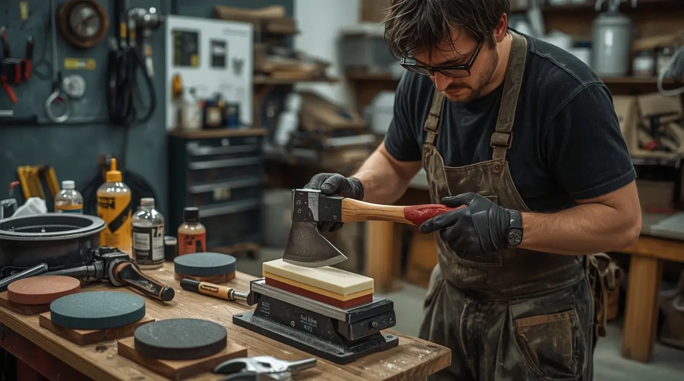 Expert affûtant hache de lancer avec matériel professionnel pierre aiguiser et techniques précision optimale.