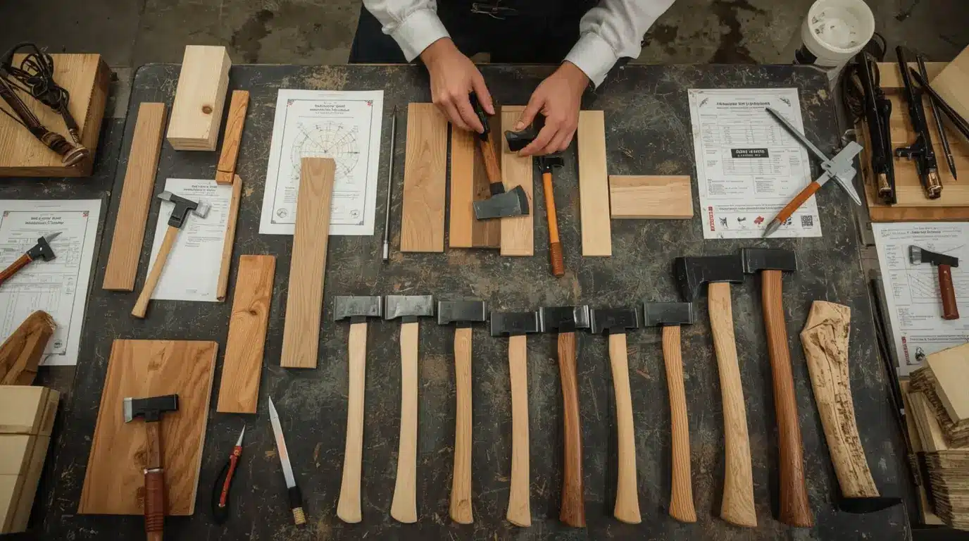 Expert artisan sélectionnant et examinant différents types de bois pour manches de hache avec outils techniques de précision.