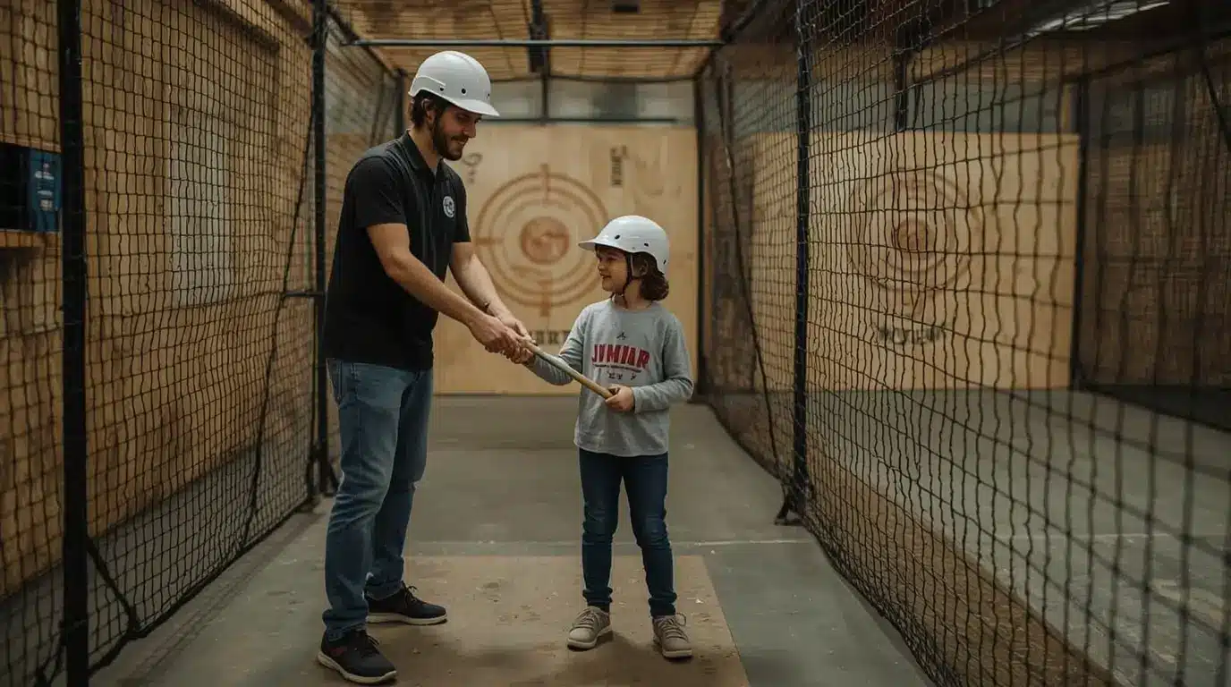Famille avec enfants apprenant le lancer de haches dans un environnement sécurisé et adapté.