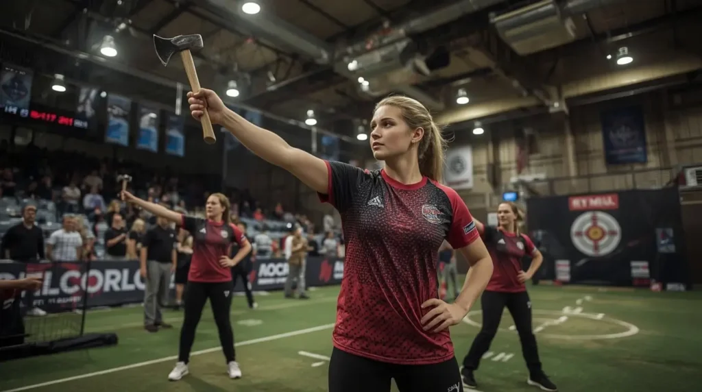Groupe de femmes s'entrainant ensemble au lancer de haches avec coach championne dans une atmosphère inspirante.