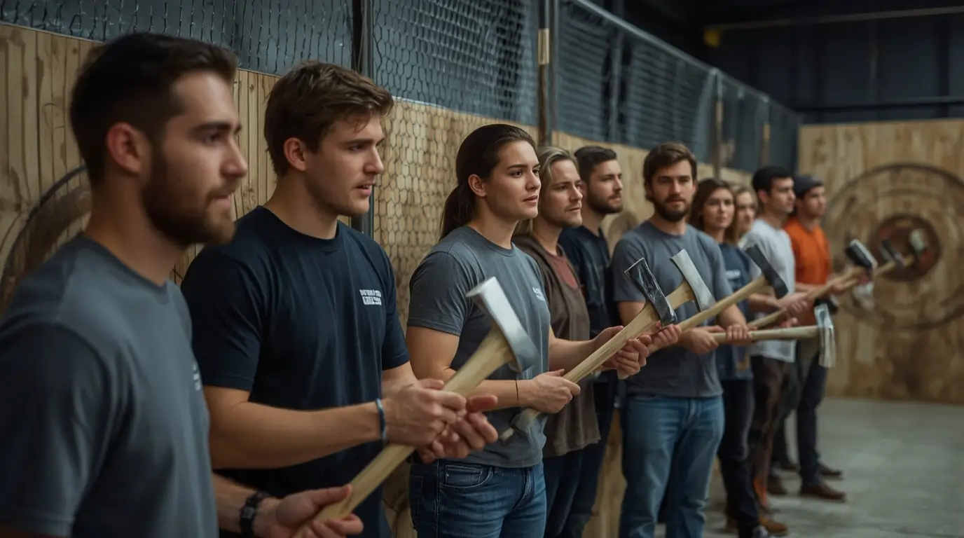 A group of people discovering the benefits of axe throwing during an introductory session at a modern centre.