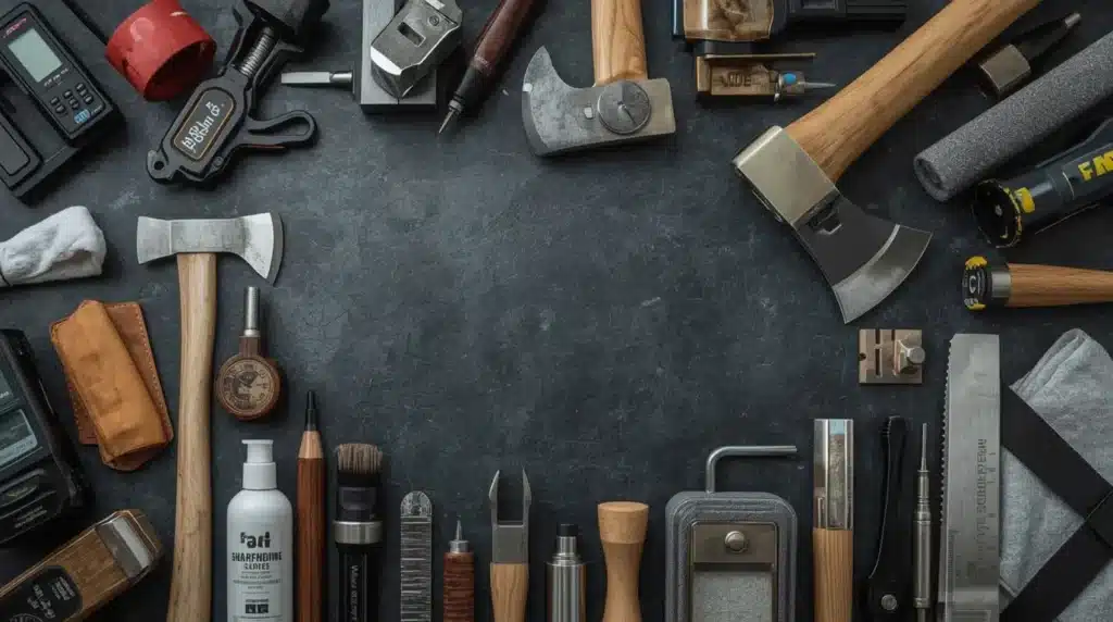 Kit complet matériel professionnel affûtage entretien haches lancer avec outils de précision spécialisés.