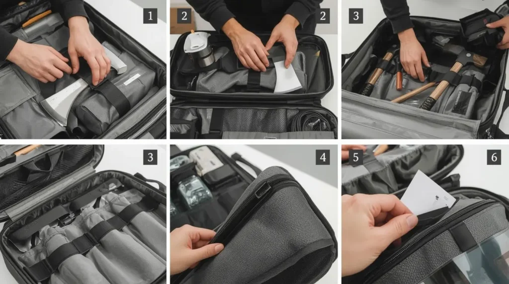 Organisation complète du transport sécurisé de haches avec accessoires spécialisés et techniques optimales.