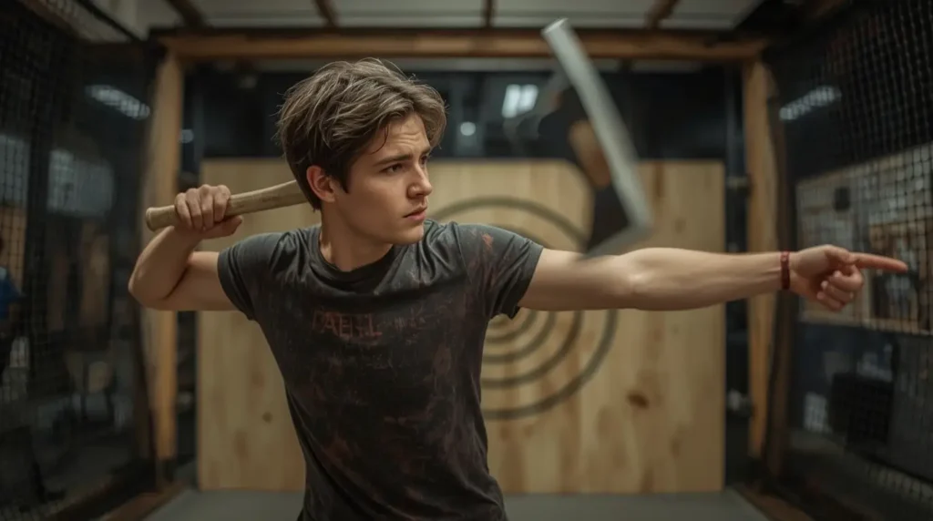 A person who demonstrates a perfect axe-throwing technique with optimum body coordination and maximum concentration.