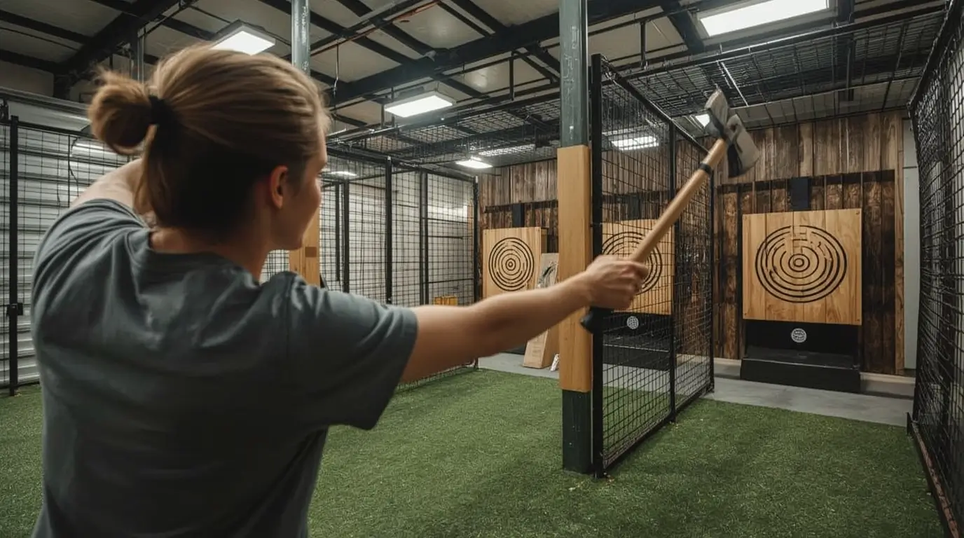 A person practising axe throwing with concentration in a modern centre in Belgium