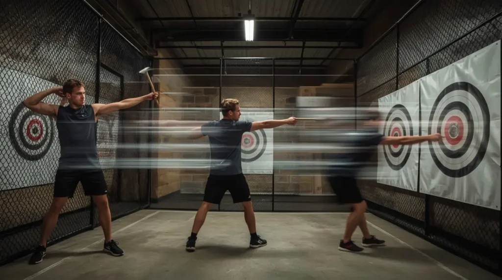 Séquence de mouvement parfait montrant les trois phases de coordination pour lancer de hache avec précision technique.
