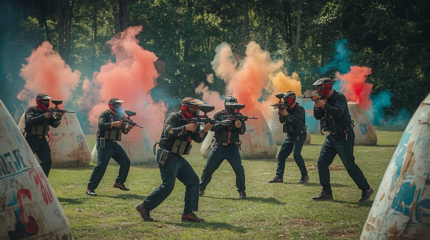 Activité paintball pour EVG avec participant concentré visant la cible.