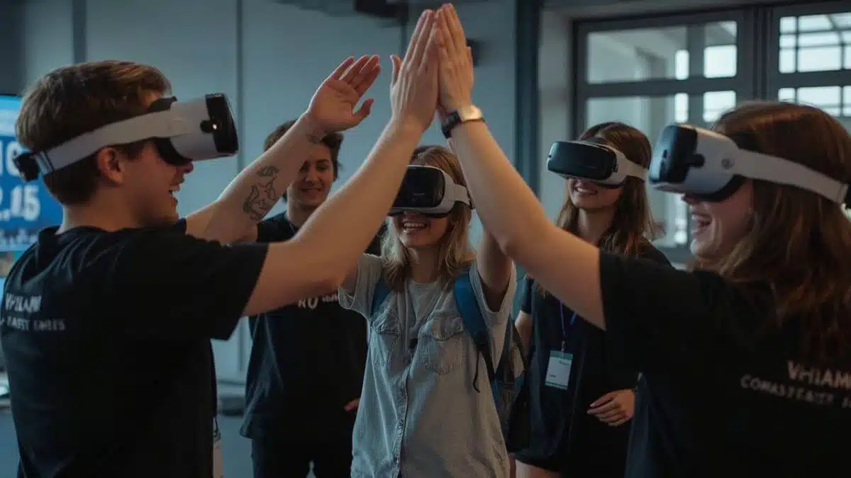 Celebration after the VR shooting session - victorious team in the simulator