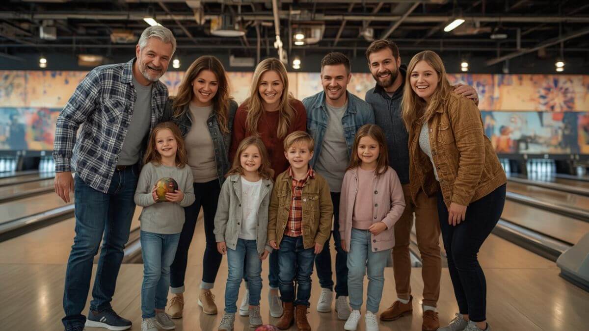 Célébration de fête privée familiale dans un centre d'activités moderne avec bowling interactif multigénérationnel.