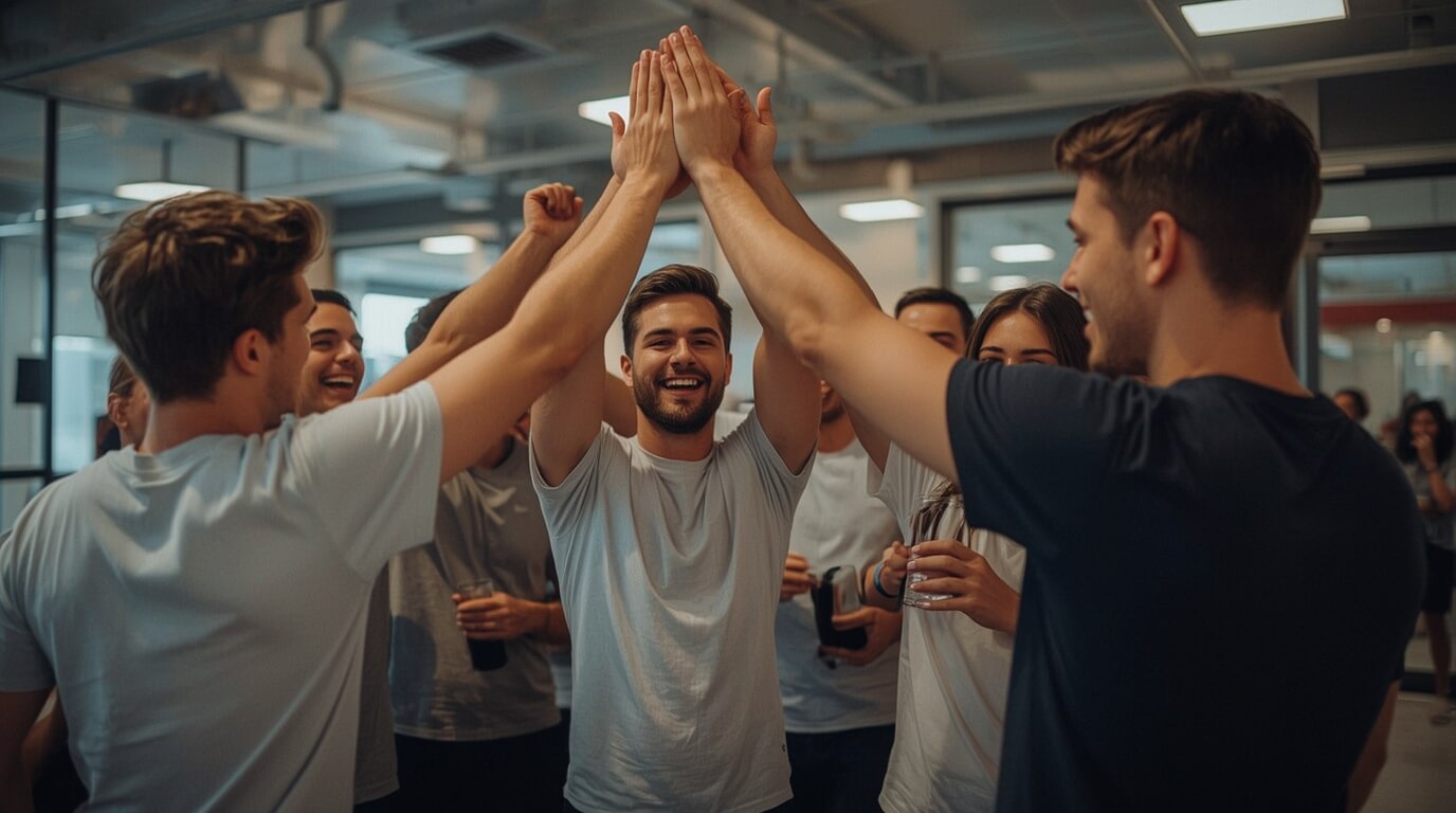 Team victory celebration after EVG challenge with group of enthusiastic friends