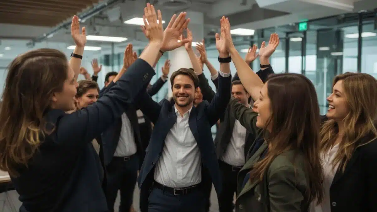 Célébration d'équipe après la réussite d'un défi team building stratégique en entreprise