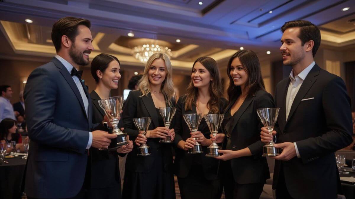 Cérémonie de remise de prix incentive avec l'équipe dirigeante recevant ses récompenses.